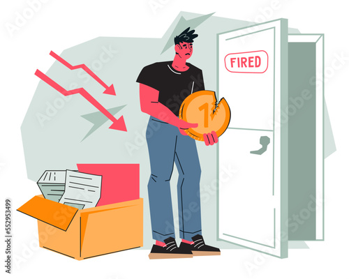 Dismissal, job loss and unemployment concept, flat vector illustration isolated on white background. Dismissal from work and staff downsizing in crisis.