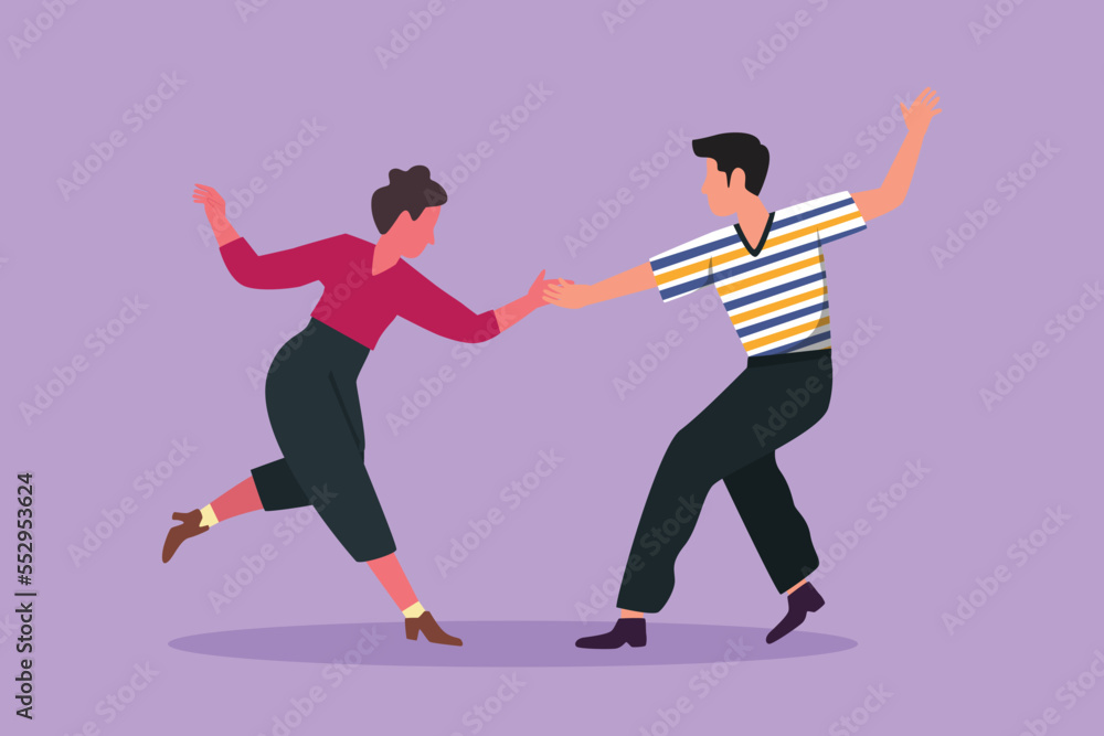 Character flat drawing happy couple man and woman performing dance at school festival, studio, party. Attractive male and female characters dancing tango together. Cartoon design vector illustration