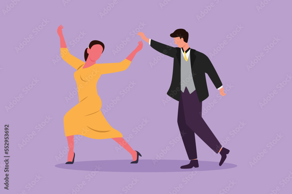 Graphic flat design drawing young man and woman professional dancer couple dancing tango, waltz dances on dancing contest dancefloor. Couple dance with elegant style. Cartoon style vector illustration Graphic flat design drawing young man and woman professional dancer couple dancing tango, waltz dances on dancing contest dancefloor. Couple dance with elegant style. Cartoon style vector illustration
