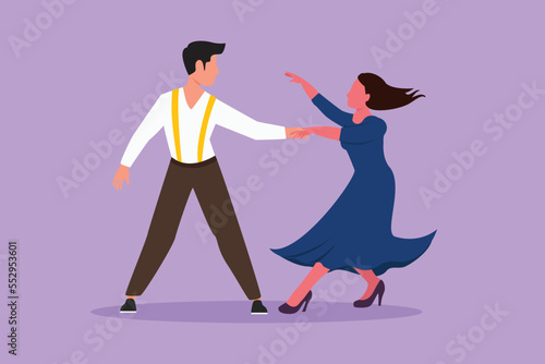 Cartoon flat style drawing of romantic man and woman performing dance at school, studio, party. Male and female characters dancing tango at Milonga. Couple dancing. Graphic design vector illustration