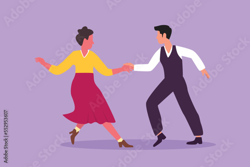 Cartoon flat style drawing man and woman dancing Lindy hop or Swing. Male and female characters performing dance at school or party night. Couple dancing together. Graphic design vector illustration