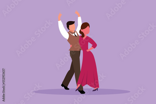 Character flat drawing of man woman professional dancer couple dancing tango, waltz dances on dancing contest dancefloor. Happy people lifestyle with dance together. Cartoon design vector illustration