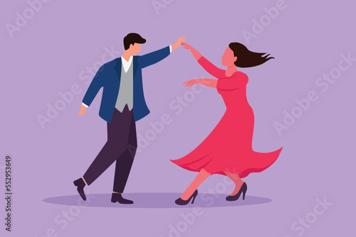Cartoon flat style drawing attractive man woman professional dancer couple dancing tango, waltz dances on dancing contest dancefloor. Romantic night dance together. Graphic design vector illustration