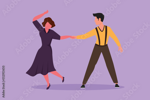 Graphic flat design drawing attractive male and female professional dancer couple dancing tango, waltz dances together on dancing contest dancefloor. Happy activity. Cartoon style vector illustration photo