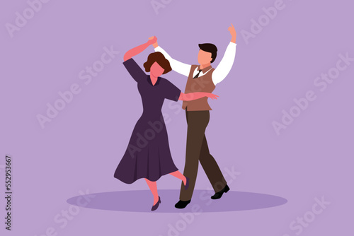 Fotografie, Obraz Graphic flat design drawing romantic man and woman professional dancer couple dancing tango, waltz dances on dancing contest dancefloor