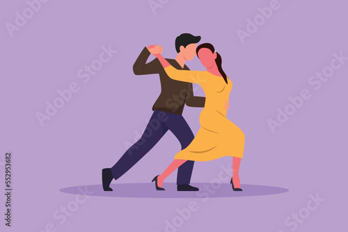 Character flat drawing people dancing salsa. Young man and woman in dance. Pairs of dancers with waltz tango and salsa styles moves. Happy couple dancing at party. Cartoon design vector illustration