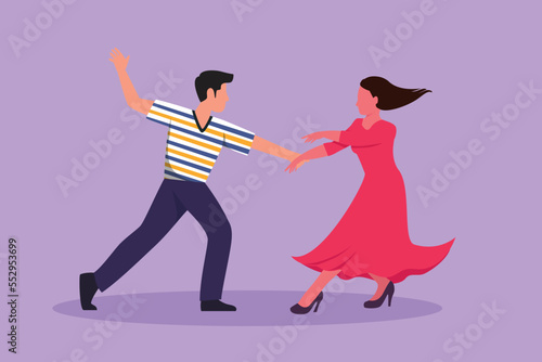 Cartoon flat style drawing romantic man and woman professional dancer couple dancing tango, waltz dance on stage contest dancefloor. Happy life with dance together. Graphic design vector illustration