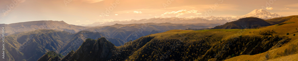 The most beautiful mountain slopes of the North Caucasus. Mountain landscapes of the Elbrus region, Kabardino-Balkaria. Russian Federation. Sunset in the mountains, panoramic view. 