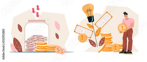 Money savings, invest in stock market, savings and economy to achieve financial goal, flat vector illustration isolated on white background.