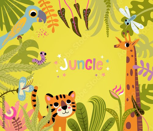 Cartoon kids jungle banner with cute lion, giraffe, parrot wildlife. Bright vibrant color. Tropical leaves, plants and flowers. Cute cartoon jungle animals background for children