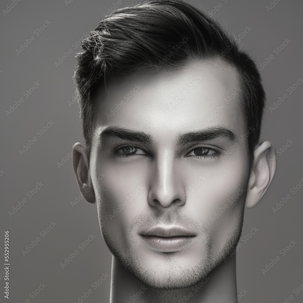 A black and white picture of a handsome guy with a fashionable hairstyle. AI Art. A black and white picture of a handsome guy with a fashionable hairstyle. AI Art.