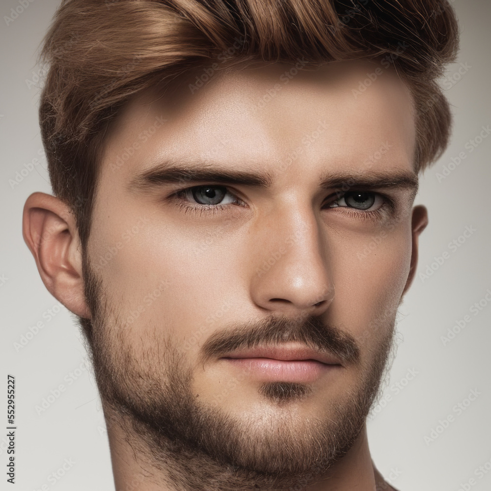 Obraz premium Portrait of a nice young man with a beard. AI Art hairstyle.