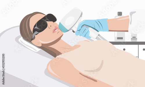 Illustration. Hair removal procedure on a woman’s body. Beautician doing laser rejuvenation in a beauty salon. vector image	
