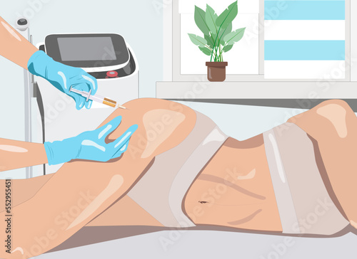 Illustration. Aesthetic cosmetologist makes lipolytic injections to burn fat on the legs and body of a woman. Female aesthetic cosmetology in a beauty salon.Cosmetology concept