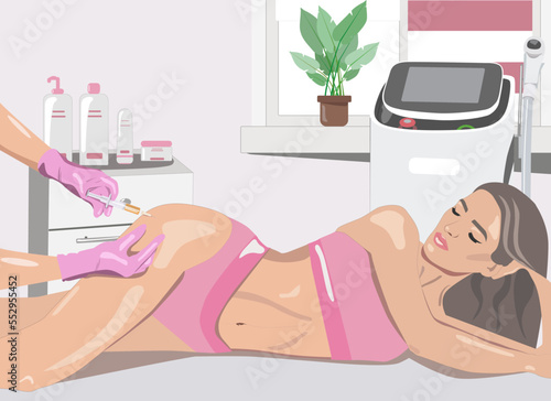 Illustration. Aesthetic cosmetologist makes lipolytic injections to burn fat on the legs and body of a woman. Female aesthetic cosmetology in a beauty salon.Cosmetology concept