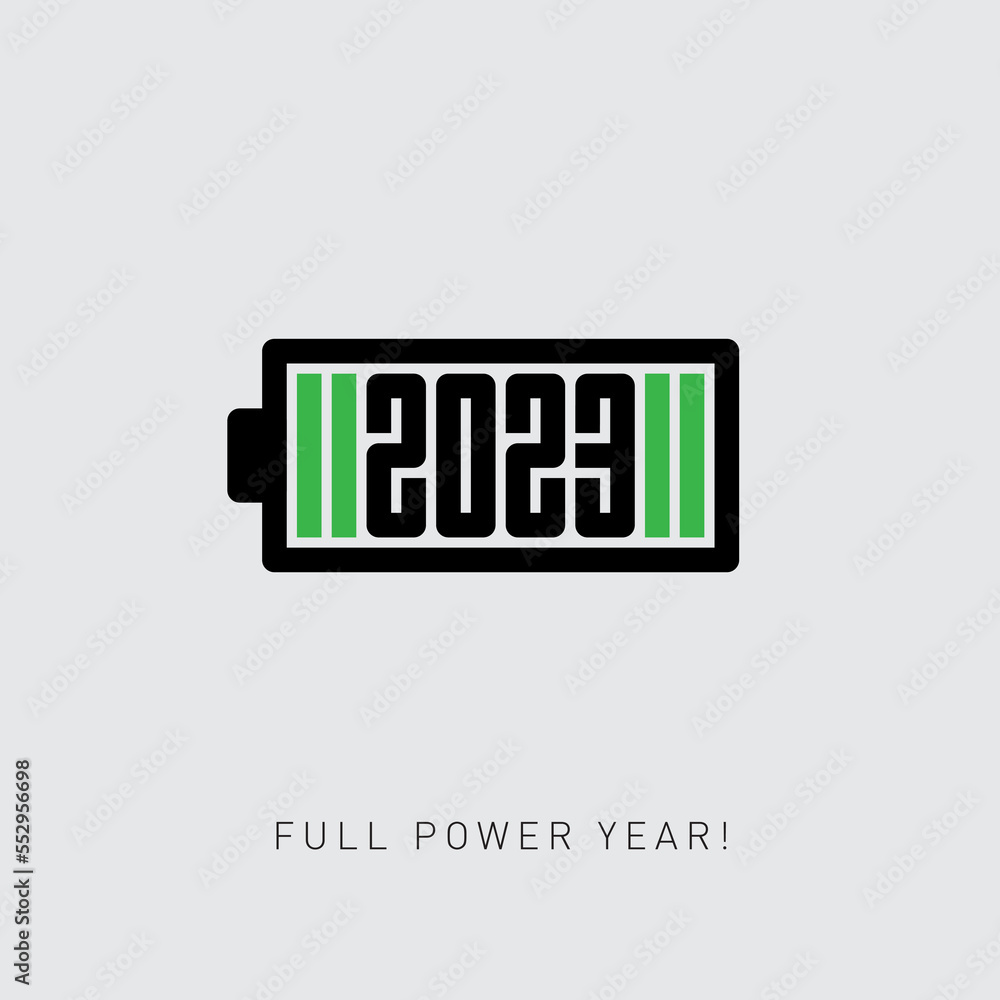 2023 is charged with new achievements, ideas and conquering new heights. Full power year. Motivational, inspirational poster. Happy new year. Horizontal battery with a full charge of energy. 2023 is charged with new achievements, ideas and conquering new heights. Full power year. Motivational, inspirational poster. Happy new year. Horizontal battery with a full charge of energy.