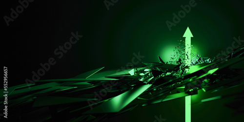 Disruptive green arrow going up and growing, original 3d rendering