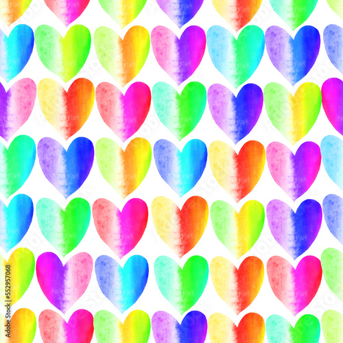 Watercolor seamless pattern with abstract colorful hearts. Hand drawn illustration isolated on white background. For packaging, wrapping design or print. Suitable for design on valentine's day