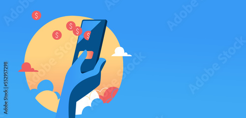 Mano che naviga su un'applicazione di finanza online. Dallo smartphone escono simboli del dollaro