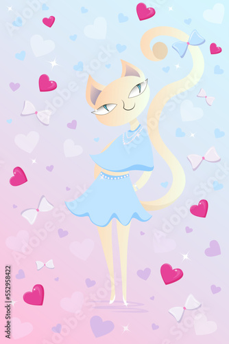 A festive greeting card with an elegant cat dressed in a pale blue blouse with a skirt. Hearts and bows on a soft pink background. The concept of birthday, Valentine's Day