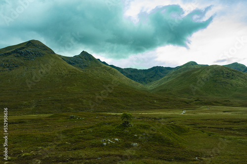 Aerial view of the mountain pass in Scotland