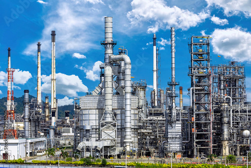 Refinery plant from industrial field, aerial view oil and gas petrochemical, storage tanks refinery plant