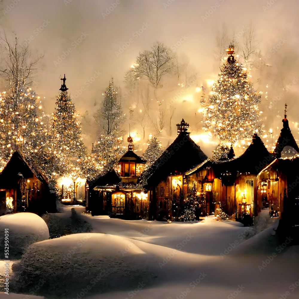 Fototapeta premium Christmas village glimmering in the winter snow, and many snow-covered Christmas trees, its branches laden with decorations. The lights on the tree twinkle in the soft light of the evening