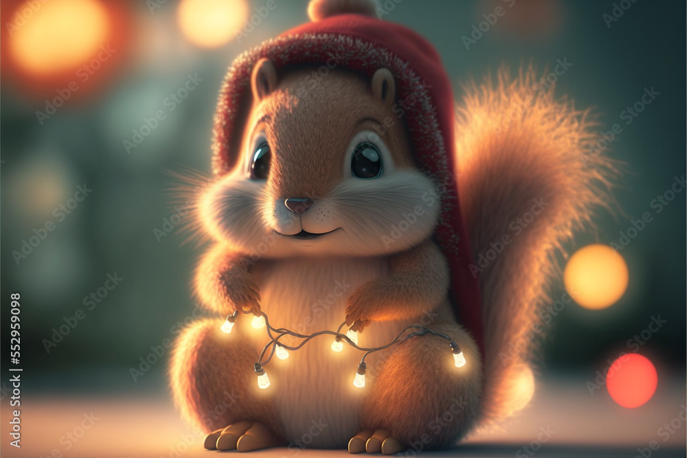 Fototapeta premium Adorable fantasy squirrel wearing fluffy santa clause hat on an automn bed of leaves and snow,Generative AI.