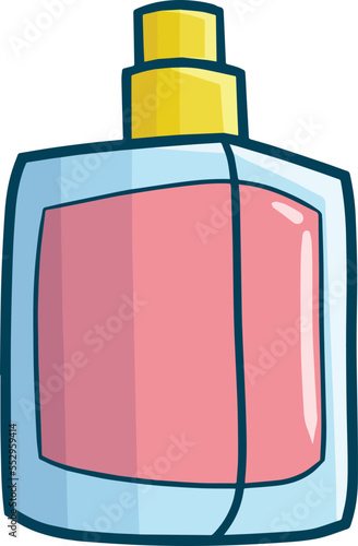 Perfume bottle made from glass filled with pink liquid essence cartoon illustration.