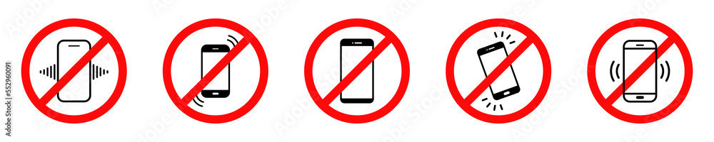 Set of no phone signs vector. Red prohibited signs with mobile. No talking on phone vector icons. Set of no phone signs vector. Red prohibited signs with mobile. No talking on phone vector icons.