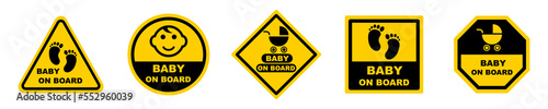 Set of yellow sticker with baby on board. Vector label for car back window. Child in car vector icons set.