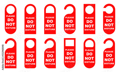 Set of do not disturb vector icons. Red signs on door in hotel. Please no disturb.