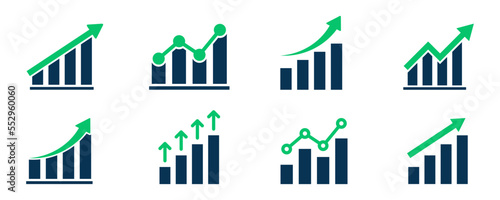 Set of growth graph vector icons. Business chart. Financial rise up. Increase profit.