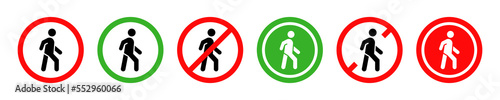Set of no walking person area vector signs. No entry for person. Restricted access for people. Red prohibition signs. 