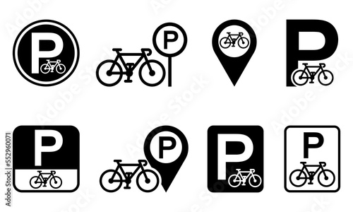 Set of parking bicycle vector signs. Place for bike. Area for cyclist. Vector icons.