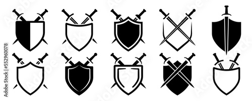 Set of sword with shield vector icons. Black crossed sword and shield. Vector 10 Eps.