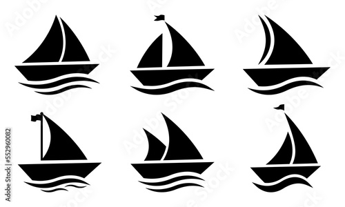 Set of sail boat vector icons. Black silhouette with sailboat and sea wave. Nautical yacht or sailboat.