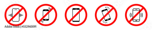 Set of no phone signs vector. Red prohibited signs with mobile. No talking on phone vector icons.