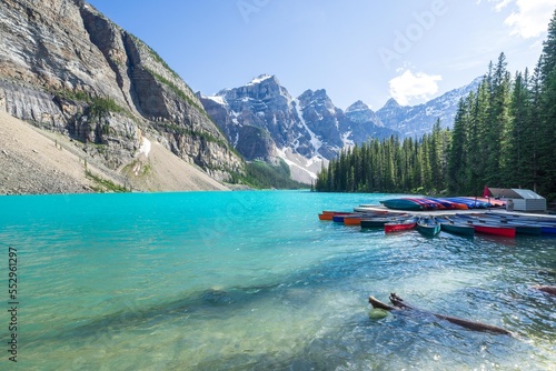 Moraine Lake and canoes , Rocky Mountains, Banff National Park, Alberta, Canada