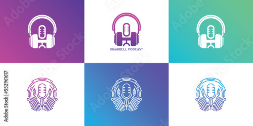 Simple Headphones and microphone for Podcast Radio Recording Logo design vector © NOVILAMISASTRA