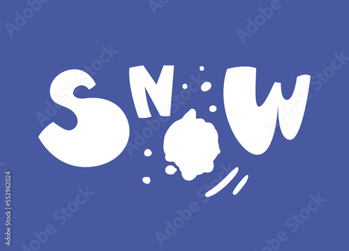 Lettering with a flying snowball on a blue background in a cartoon style. Snow globe in flight. Color illustration for winter design and print. Winter games with snow. Snow day. Handwritten text.