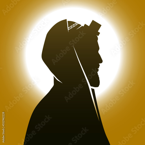 Jewish man with Kippah, Tallit, and Tefillin, praying on a mystical sunny background, vector illustration.