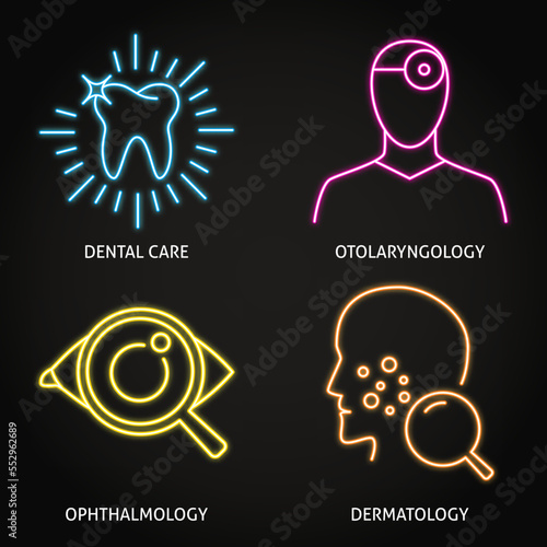 Medical specializations neon icon set