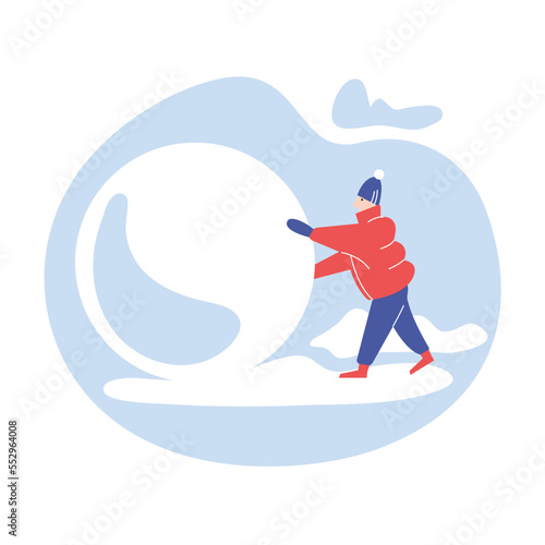 A teenager in a winter down jacket rolls a huge snowball. Winter games with snow. Modeling a snowman from snowballs. Illustration for design and printing of winter layouts. Snow day banner.