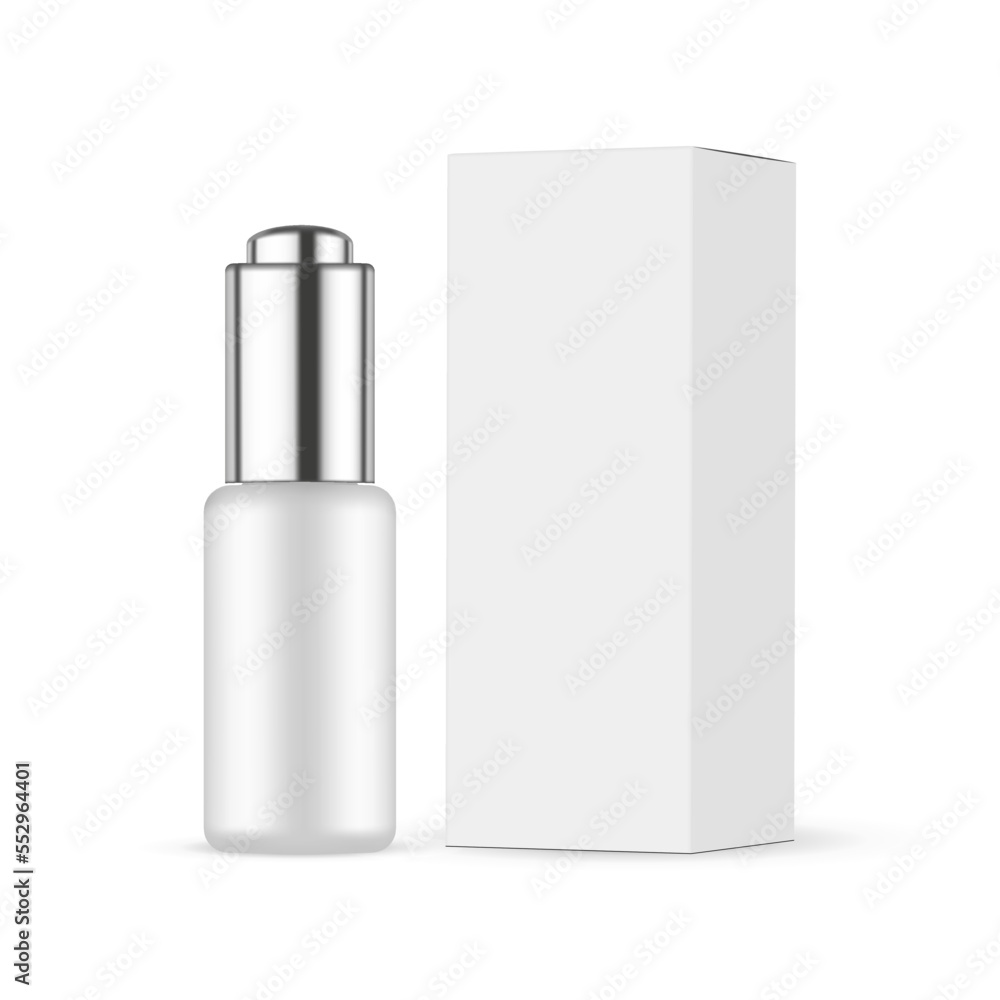 Blank Dropper Bottle Mock Up With Metal Cap, Paper Box, Side View, Isolated on White Background. Vector Illustration Blank Dropper Bottle Mock Up With Metal Cap, Paper Box, Side View, Isolated on White Background. Vector Illustration
