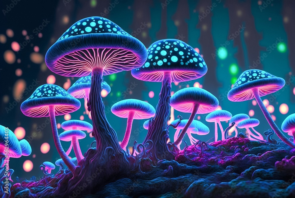 Glowing spotted fluorescent mushrooms, mystic luminescent forest, psychedelic colors - obrazy, fototapety, plakaty 