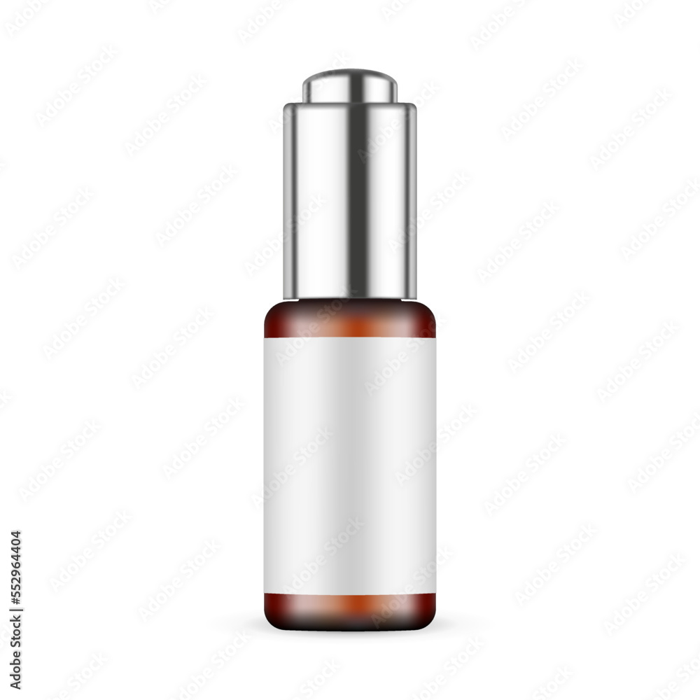 Amber Dropper Bottle With Metal Cap, Blank Label, Isolated on White Background. Vector Illustration