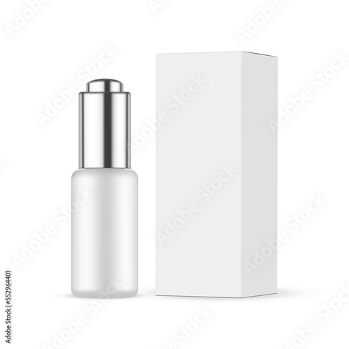 Blank Dropper Bottle Mock Up With Metal Cap, Paper Box, Side View, Isolated on White Background. Vector Illustration
