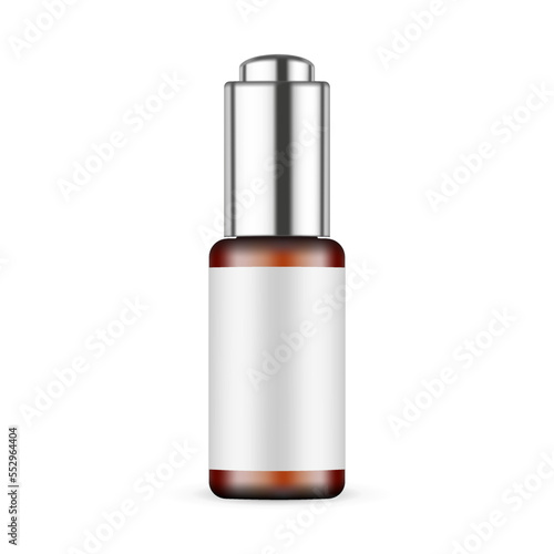 Amber Dropper Bottle With Metal Cap, Blank Label, Isolated on White Background. Vector Illustration