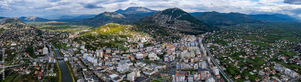 Aerial view of the city Lezhë in albania on a sunny day in autumn.	